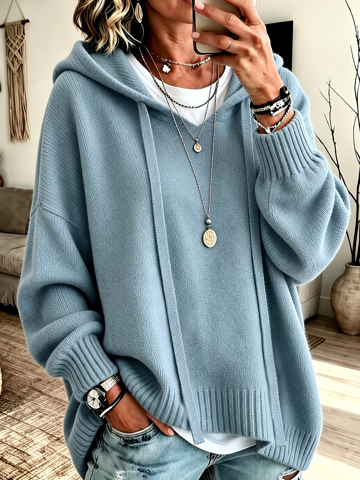 Korean-style Loose Fit Casual Hooded Sweatshirt, Autumn/Winter Solid Color Simple Versatile Drop Shoulder Lantern Sleeve Hoodie, 2026 New Fashion Women's Clothing - Military Blue