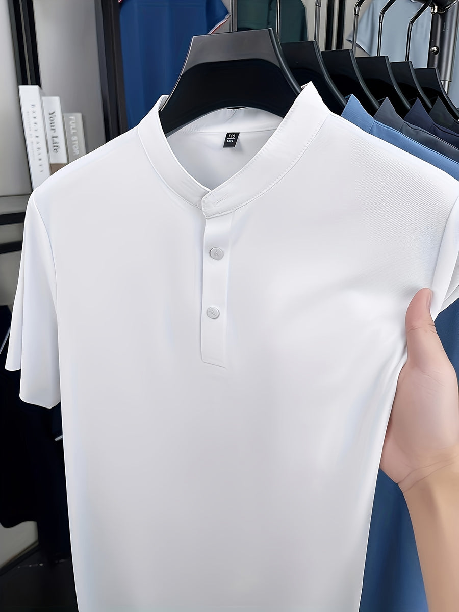 Men's Summer Mid-Life Seamless Stand Collar Short Sleeve T-Shirt, Solid Color Polyamide-Spandex Breathable Half-Sleeve Tee - White