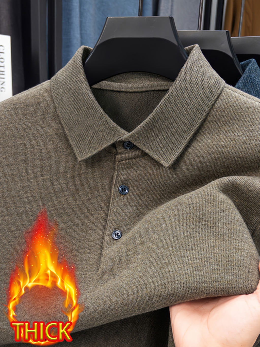 Men's -lined Lapel Polo Knit Sweater, with Plush Inner Lining, for Autumn and Winter Cold Protection. Suitable for Wearing Alone in Late Autumn and Early Winter, or as a Base Layer in Winter. Keeps You Warm Without Adding Bulk - Khaki