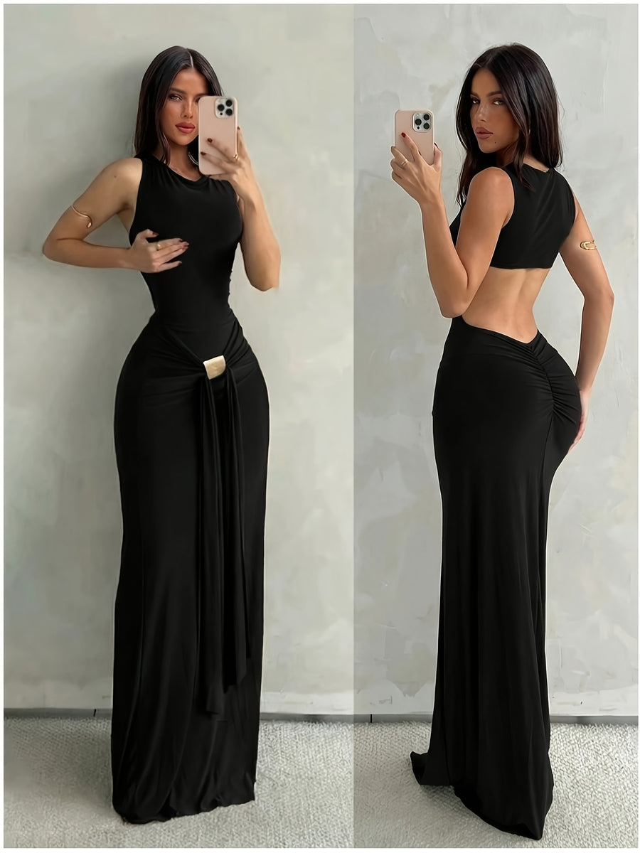 Elegant and Delicate Metallic Trimmed,, Sleeveless, Sexy Open-back Dress Perfect for Dates, Parties, or Casual Attire - Stylish, Classic, Solid Color, Long Dress - Black
