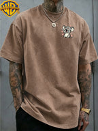 Warner Bros. Officially Authorizes Crying on the Floor with Floating Love Print  Washed Outdated Short Sleeve T-shirt for Men and Women, Machine Washable Daily Commuter Outdoor Sports and Leisure Top - Coffee Color