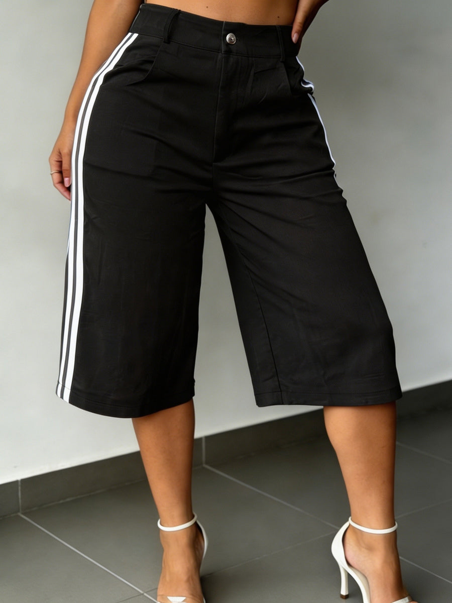 New Summer Fashion Side Contrast Color Patchwork Casual Capri Pants - Black