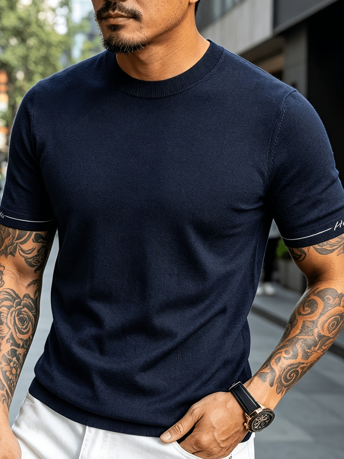 Men' Summer Short-Sleeve Knit Shirt with White-Trimmed Cuff - Stretchable Round Neck -Compatible Suitable for Urban Streetwear & Business Casual, Solid Color Multi-Color Tunic Top for Commuting and Office Wear - Dark Blue