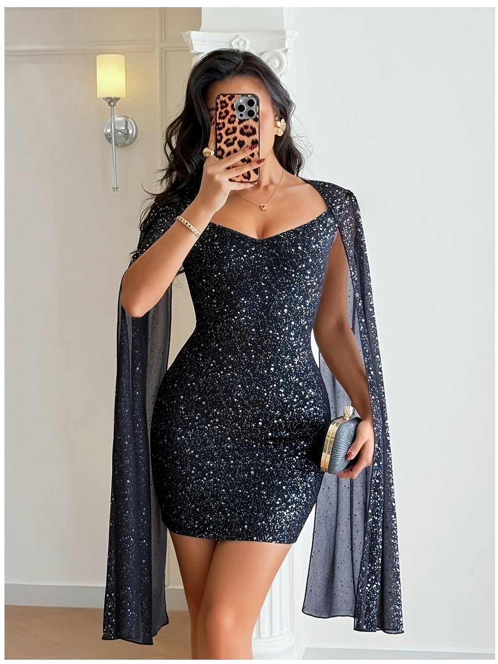 Elegant, Exquisite and Fashionable Women's Hip-hugging Mini Bridesmaid DressSquare Neck with Sheer Mesh Draped Cape SleevesSilvery-toned Slim Fit SilhouetteSuitable for Dating Parties, Nightclubs, Dances and Wedding Guest Wear - Black