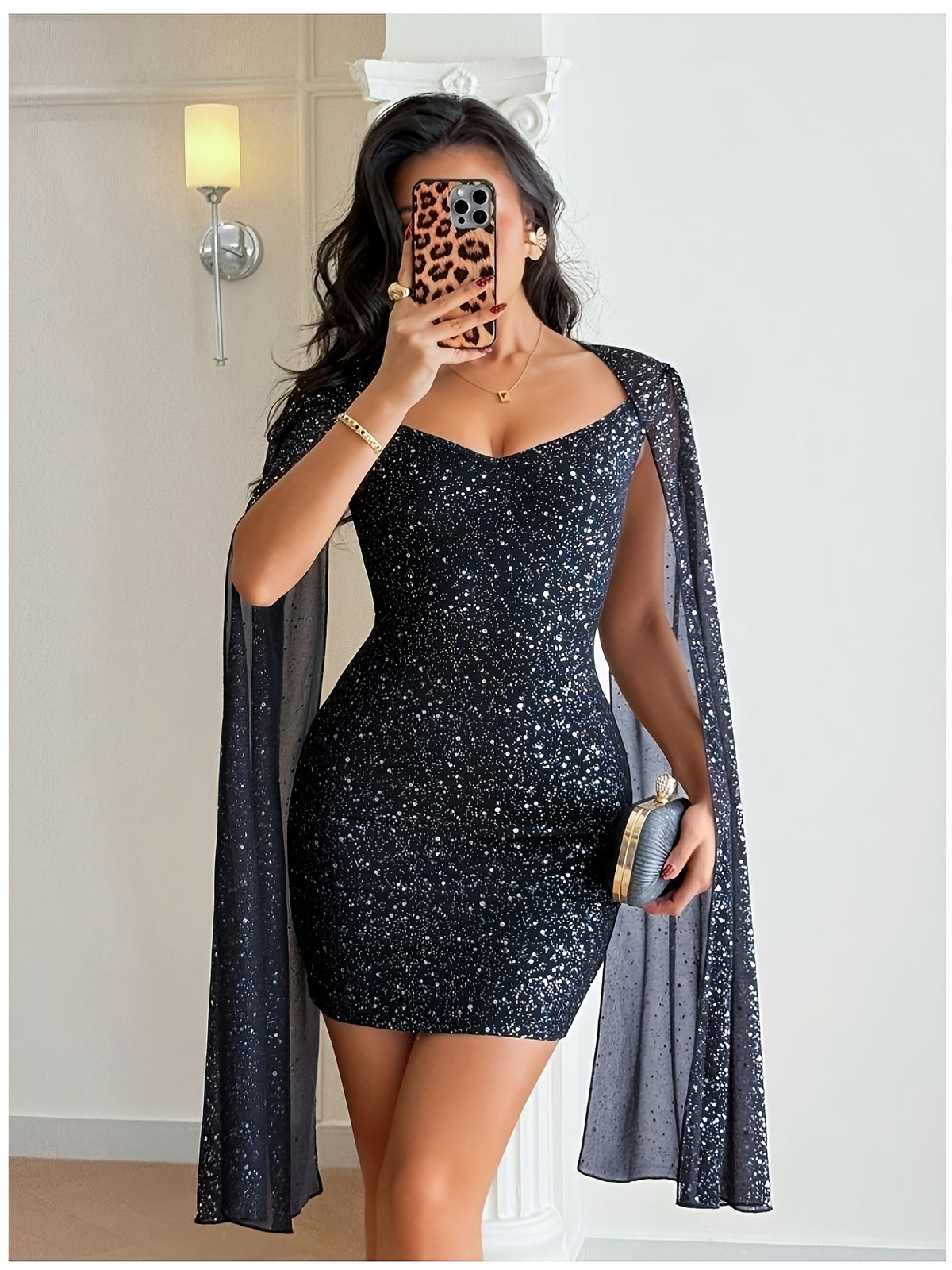 Elegant, Exquisite and Fashionable Women's Hip-hugging Mini Bridesmaid DressSquare Neck with Sheer Mesh Draped Cape SleevesSilvery-toned Slim Fit SilhouetteSuitable for Dating Parties, Nightclubs, Dances and Wedding Guest Wear - Black