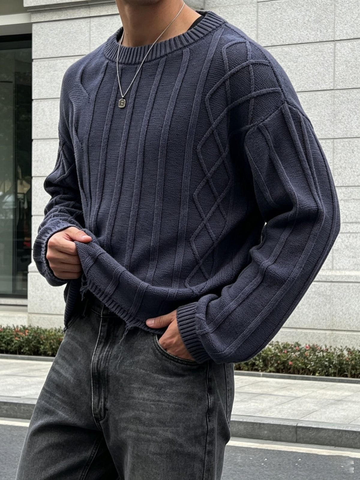 Autumn Winter Men'S Old Money Style Round Neck Asymmetrical Checkered Cable Knit Basic Solid Color Versatile Sweater - Black