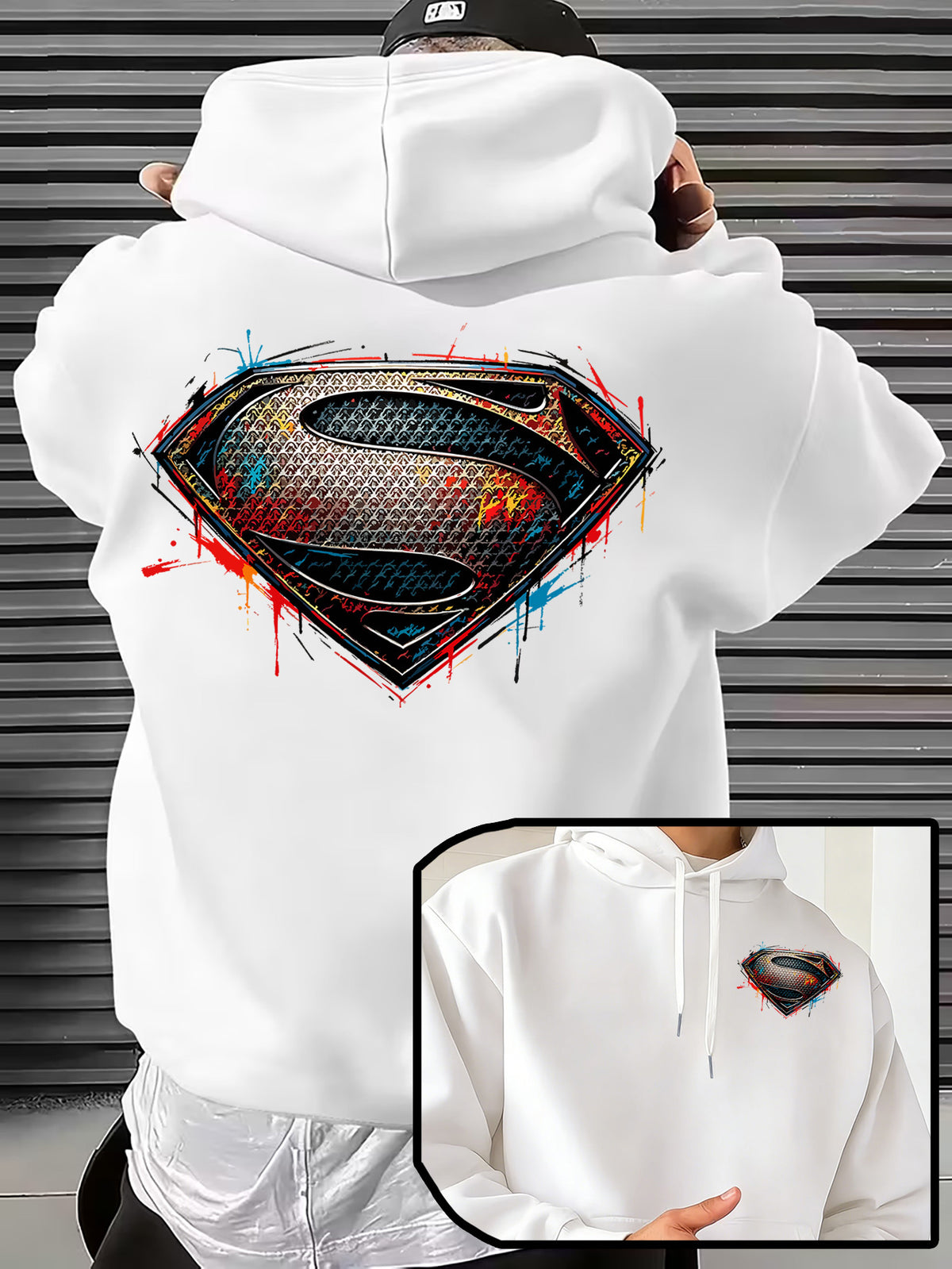 WB Men's & Unisex Superman S Logo Hoodie Sweater - Official Licensed Plush Hooded with Iconic Superman Print, Adjustable Drawstring Hood, Loose Fit for Winter Warmth, Machine Washable Casual Apparel Suitable for Autumn - White