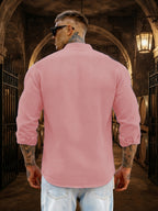 Men's Solid Color Casual Stand Collar Button- Long Sleeve Shirt. The Solid-colored Fabric Offers a Comfortable Feel, Making It a Great Gift for a Husband or Boyfriend for Home, Outings, Travel, and Beach Vacations. Men's Long Sleeves, Men's Tops - Light Pink Color