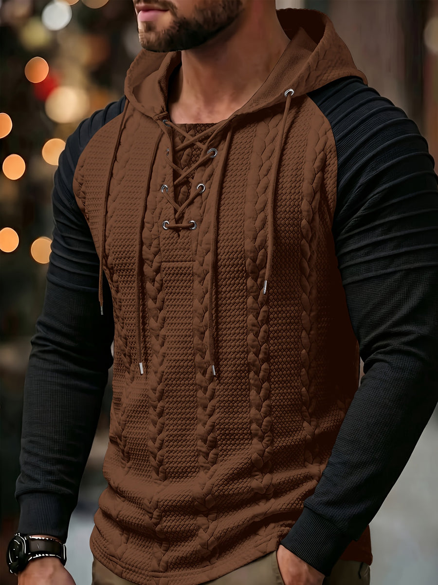 ROYALBOY Textured Jacquard Fabric Contrast Color Pleated Ribbed Sleeves Drawstring Design Fashionable Outdoor Casual Hooded Sportswear Top, Autumn Menswear - Coffee Color