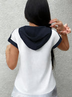 2026 New Women's Hoodie with Waffle Fabric Patchwork, Short Sleeves, Decorative Buttons, and Hood - White