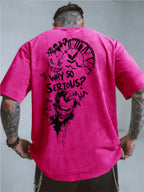 Licensed by WB Warner, Men'S Retro Old 100% Washed Crew Neck T-Shirt, DC Batman Joker Why So Serious Sketch Graffiti Design, Loose Version, Men'S Casual Versatile Loose T-Shirt, Suitable for Daily Wear Outdoor Sports - Rose Red