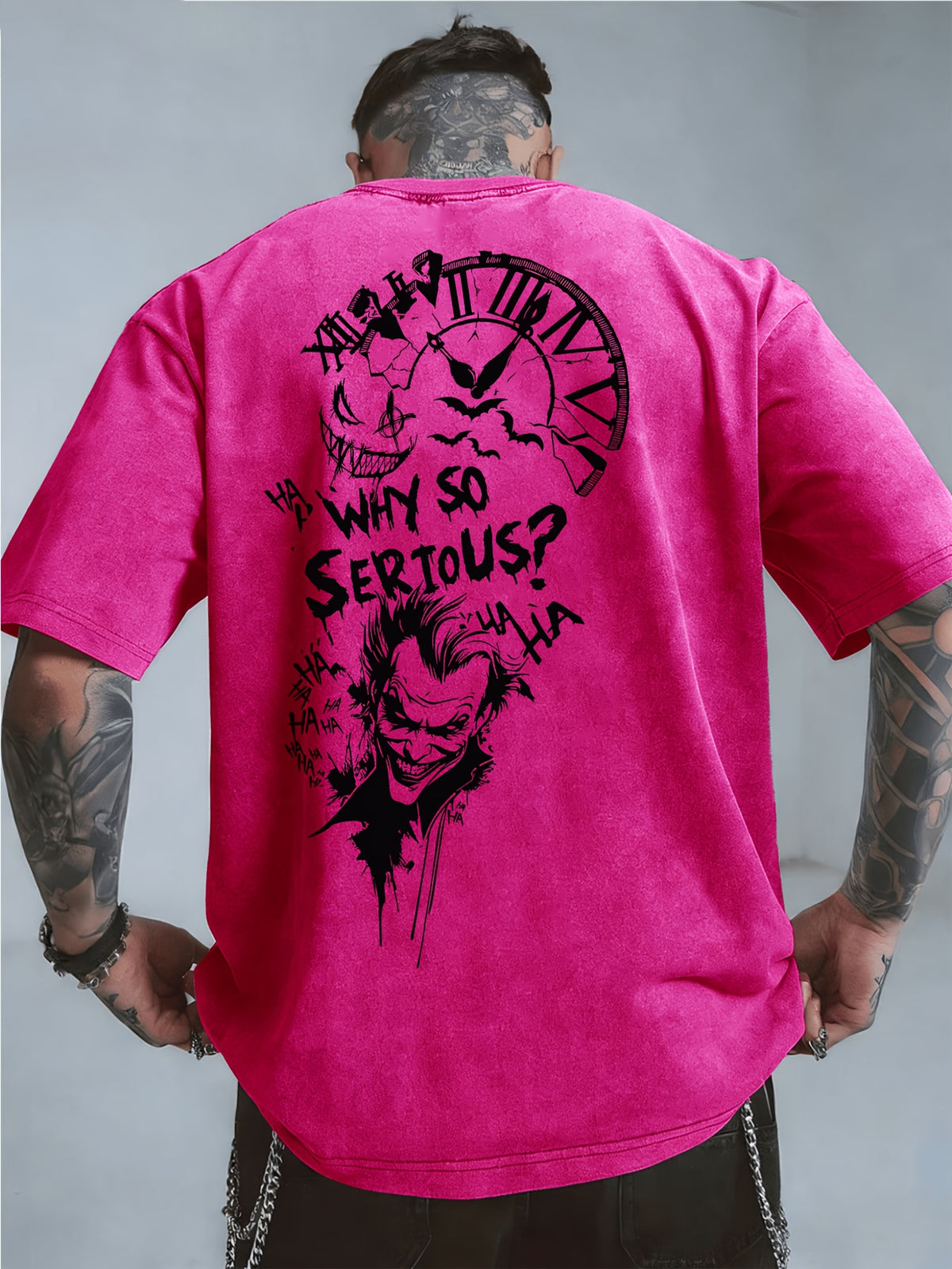Licensed by WB Warner, Men'S Retro Old 100% Washed Crew Neck T-Shirt, DC Batman Joker Why So Serious Sketch Graffiti Design, Loose Version, Men'S Casual Versatile Loose T-Shirt, Suitable for Daily Wear Outdoor Sports - Rose Red