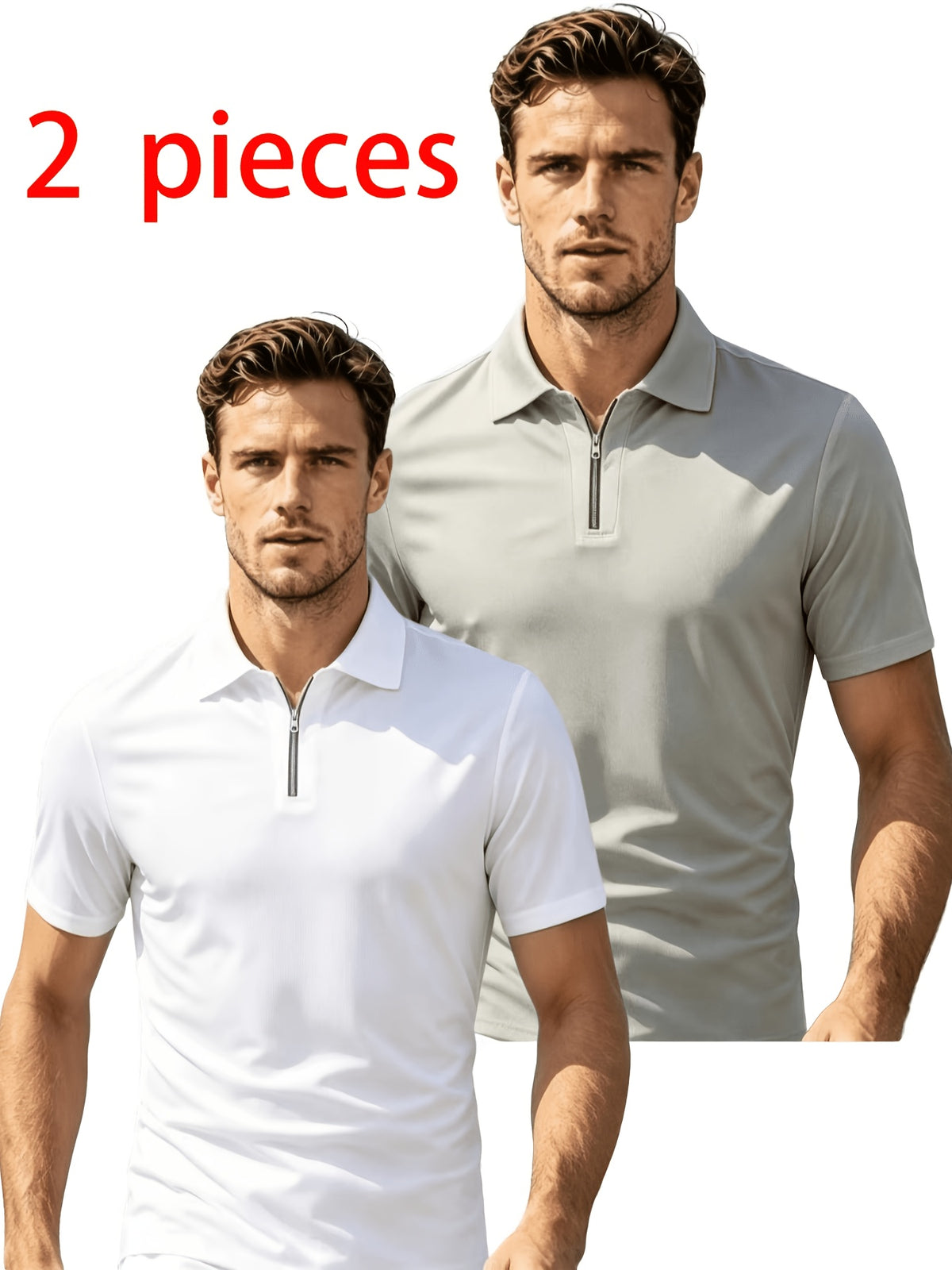 2pcs Men'S Short Sleeve Casual Athletic Polo Shirt Set, Zipper Collar, Comfortable And Breathable, Original Design - White Plus Light Gray