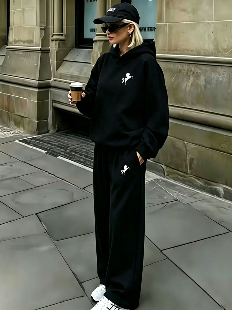 Easy Cool Unicorn Silhouette Print Hoodie And Pants Set, Matching Small Pattern Design, Loose And Relaxed Fit, Comfortable Fabric, Casual Street Style Women'S Leisure Two-Piece Set - Black+black