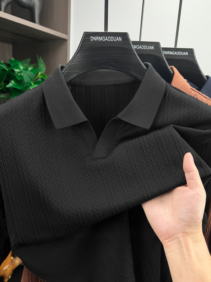 Men's Casual Short-Sleeve Golf Polo Shirt, Featuring a Stylish Jacquard Fabric Design, Suitable for Business, Daily, and Outdoor Wear - Black