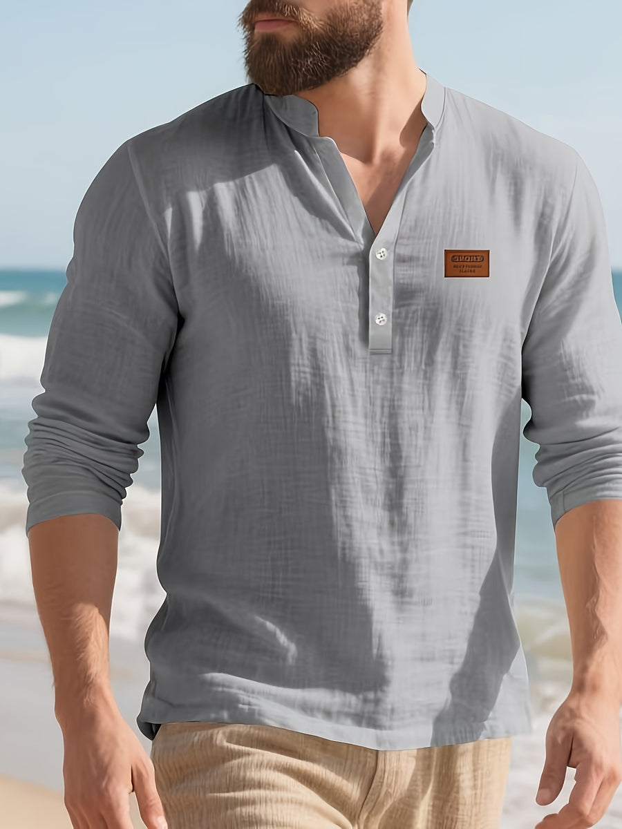 2026 Cross-border American Loose Fit Linen Henley Shirt, All Season Solid Color Breathable Stand Collar Long Sleeve T Shirts for Men Casual Daily Tops - Light Grey