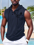Men's Quick-Dry Athletic Hoodie - Sleeveless Gym Shirt, Breathable Workout Top for Running, Outdoor Sports - Lightweight Moisture-Wicking Activewear (Machine Washable), Running Shirt, Casual Sportswear, Tropical Print, Durable Construction, Performance - Navy Color