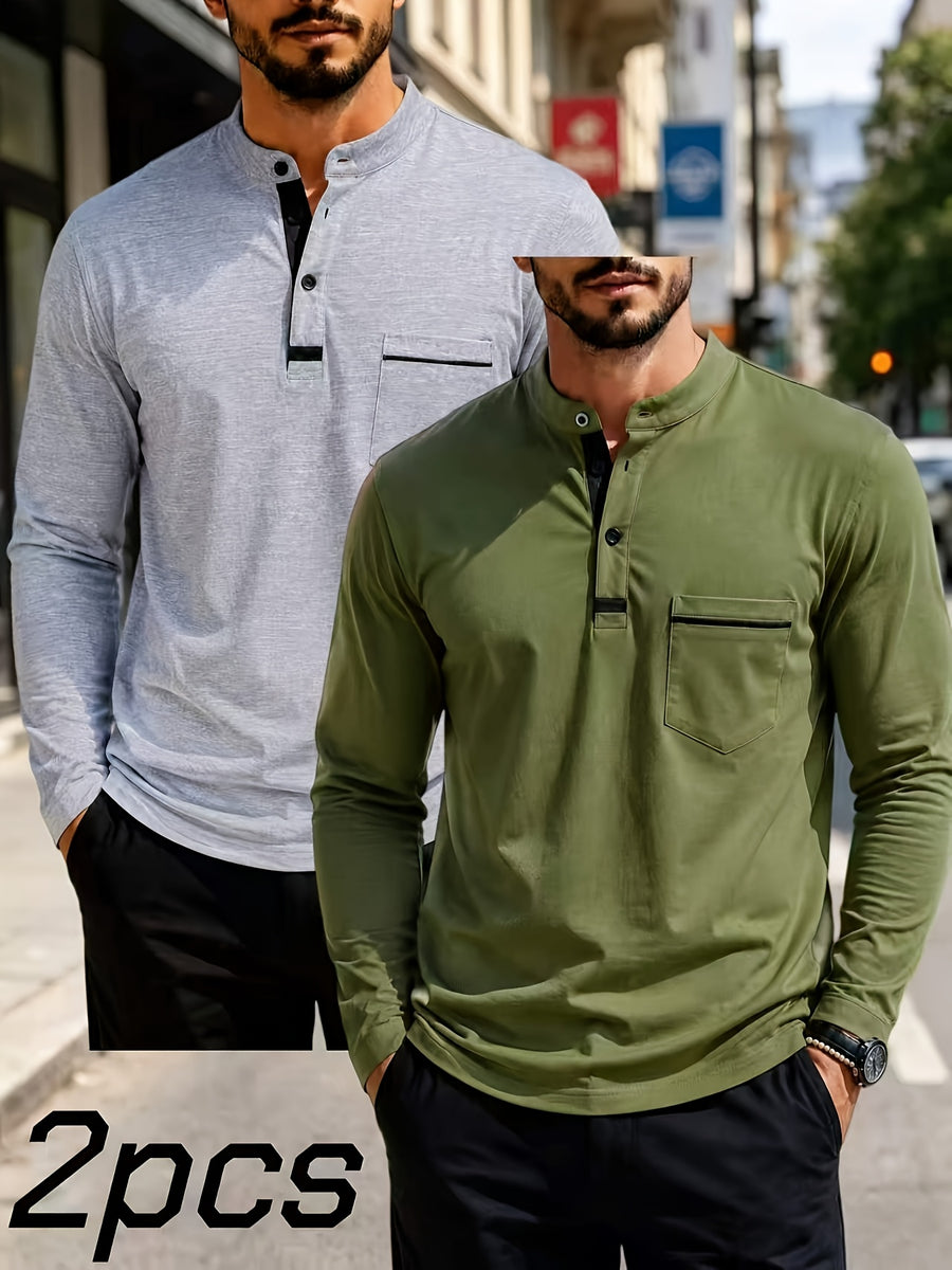 2pcs Men's Stand Collar Long Sleeve Henley Shirt, Casual Half-Button T-Shirt with Pockets, Lightweight and Breathable Stand Collar Pullover Top, Suitable for Daily, Office, and Outdoor Scenes - Light Gray + Army Green