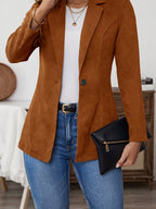 Women's Faux Suede Solid Color Lapel Long Sleeve Belted Button Cardigan Coat, New Fashion Elegant Business Casual Jacket - 【Brown】