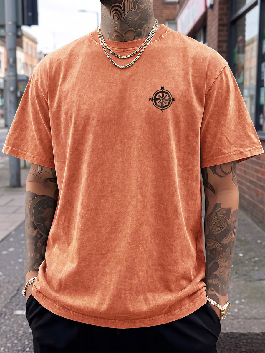 Short Sleeve T-Shirt, Half-Sleeve Top, Pure Cotton Washed Distressed Loose Fit, Compass Print, Multiple Colors for Mix and Match, American Streetwear, Chinese National Trend, High Street, Hip-Hop, Y2K Style, Daily Streetwear, Sports - Orange