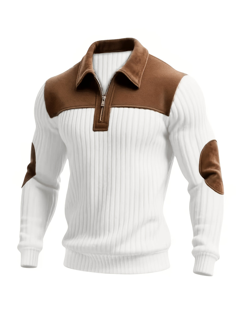 New Christmas Men's Autumn/Winter Brushed Ribbed Cable Knit Sweater, Casual Color-Block Long Sleeve Patchwork Plush Sport Henley Zip-Up Top - White