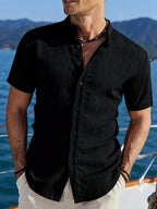3pcs Men's Summer Short-sleeve Shirt Set | Lightweight and Breathable Solid-color Button- Shirt with Stand-up Collar, Suitable for Beach Vacations, Pool Parties, and Casual Wear, an Ideal Christmas Gift for Your Husband - Mix Colors