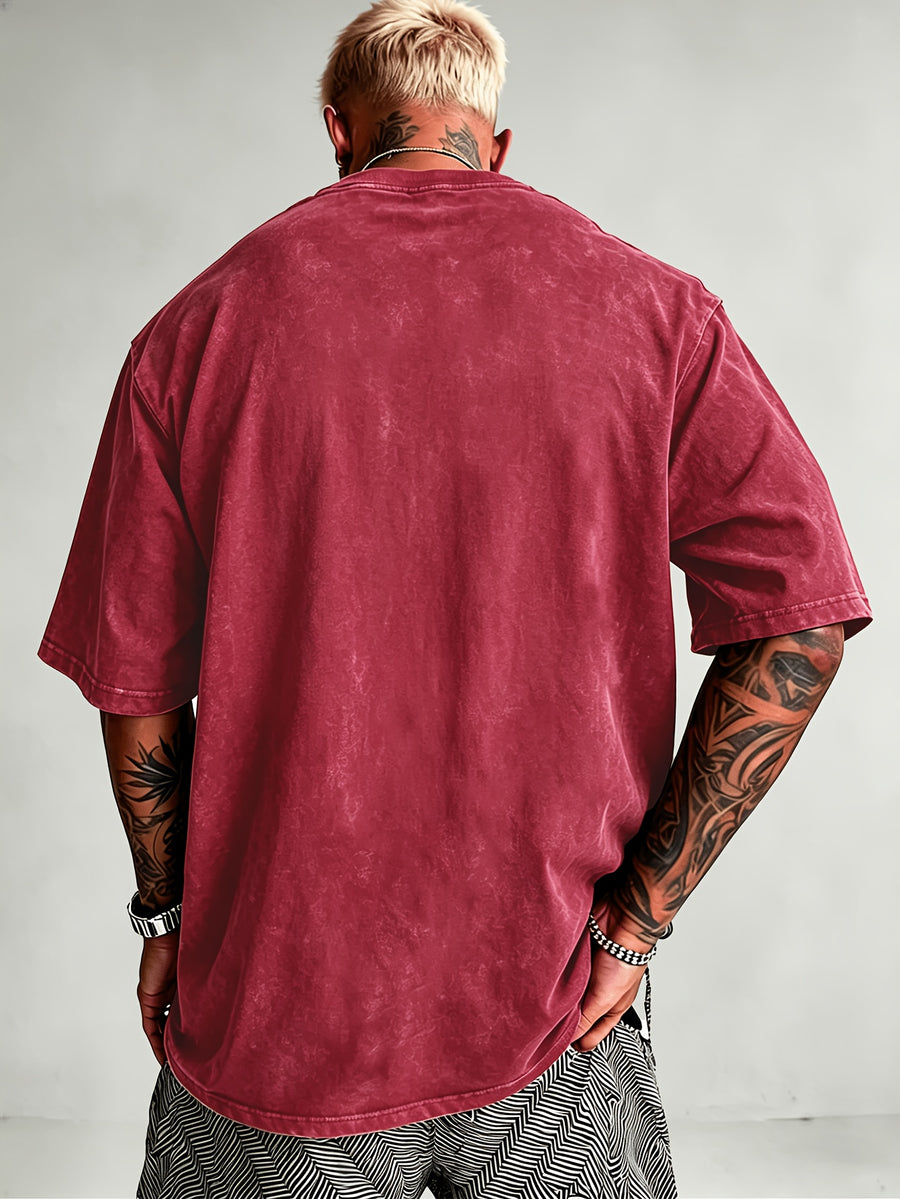 Men's Heavyweight Short Sleeve Washed Vintage Fashion Print Retro Acid Wash Distressed Design Street Trendy Breathable Heavyweight Fabric Hip Hop Gym Athletic Tee 2026 Summer - Red