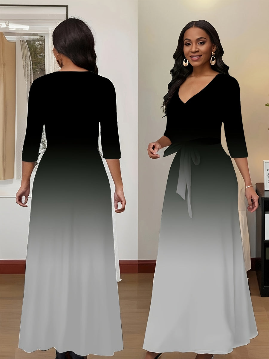 Western Fashion Solid Color V-Neck Women'S Dress Elegant Long Dress with Belt - Black And Gray Gradient