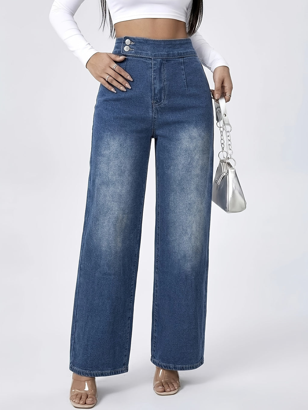 Simple and Stylish Women's Stretch Semi-elastic Waist Loose Straight-leg Trousers - Medium Blue