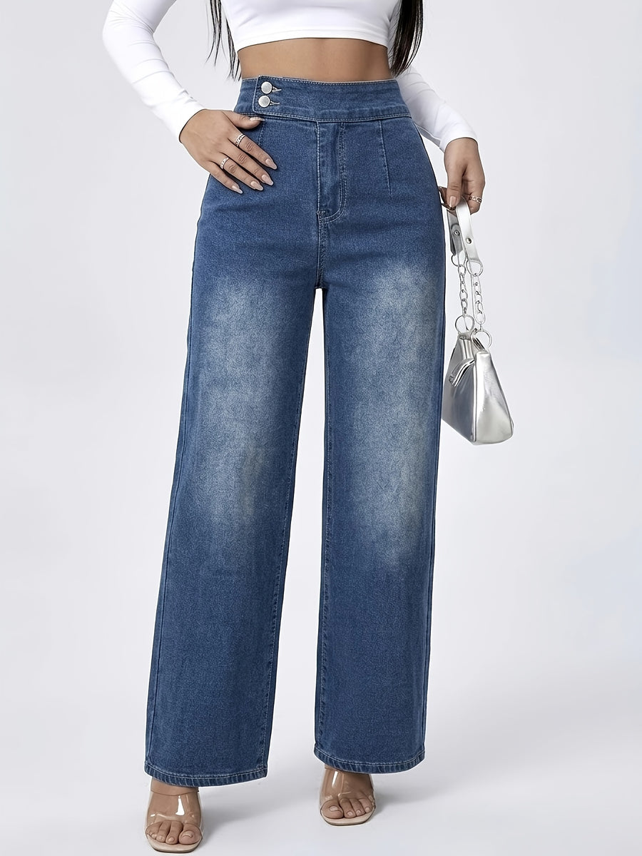 Simple and Stylish Women's Stretch Semi-elastic Waist Loose Straight-leg Trousers - Medium Blue