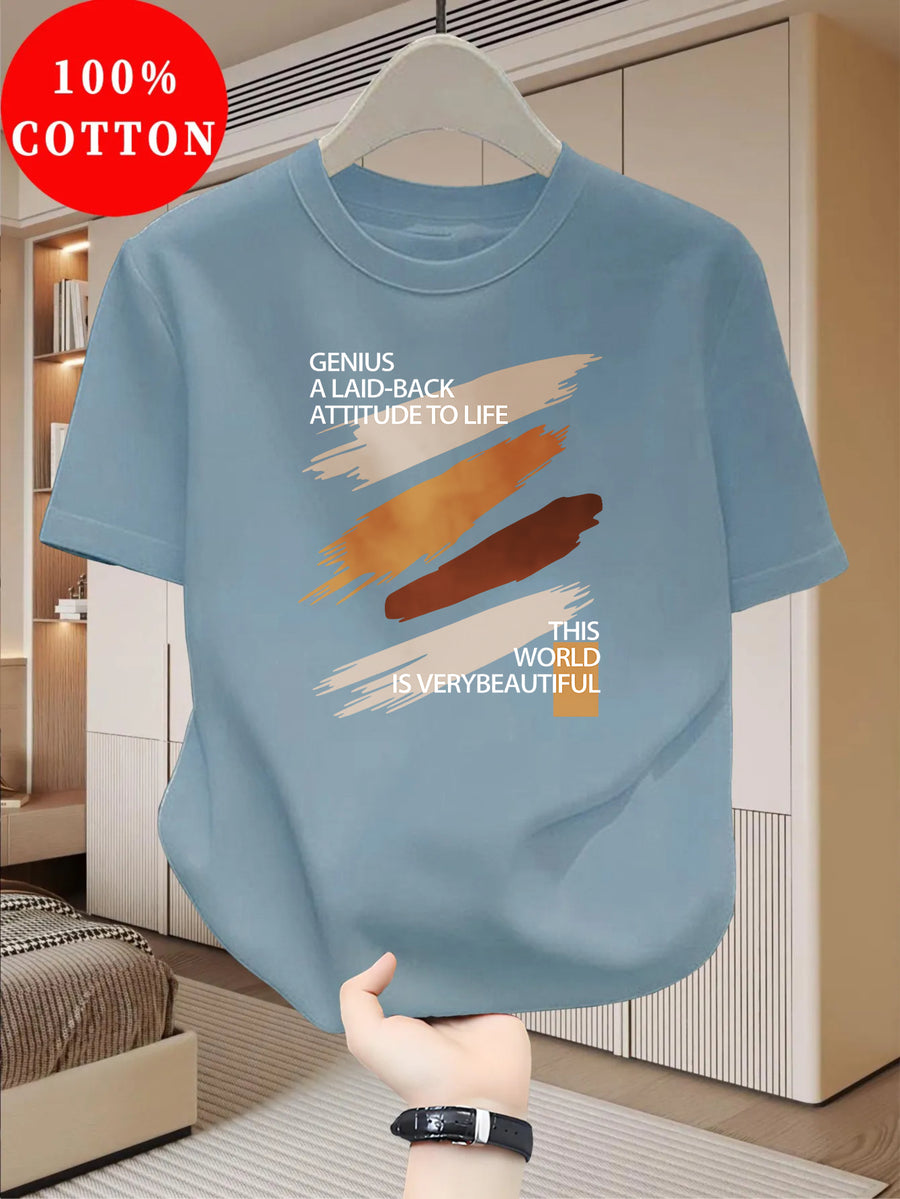 100% Cotton Men's T-Shirt, Summer Short Sleeve Thin Top, Trendy Fashionable Slim Fit, Simple and Casual, Versatile for Daily Wear, Artistic Brushstroke English Print with  Slogan Pattern - Peacock Blue