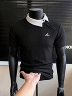 New Design Color-Blocked Slant Collar Short-Sleeve T-Shirt for Men, Summer Trendy  Irregular Collar Business Casual White Letter Print Polo - Black