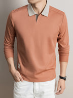 2026 Autumn Men'S Long Sleeve T-Shirt Casual Solid Color Seagull Collar Lapel POLO Shirt - Orange-Red