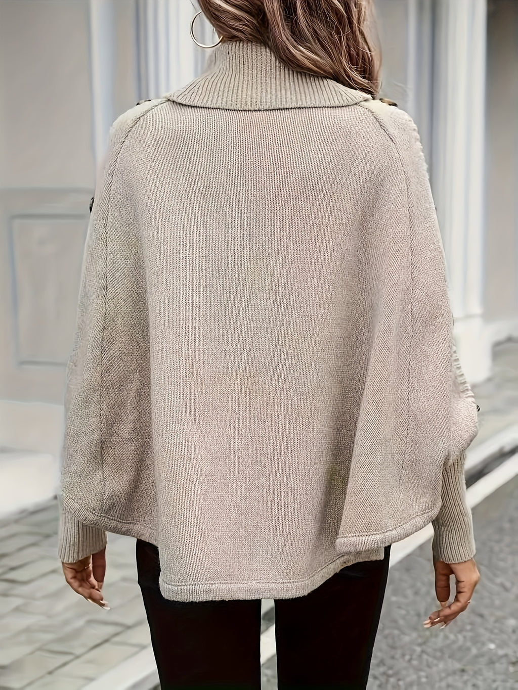 Autumn Winter High Neck Small Tapered Twist Design Lazy Style Outer Sweater Women'S Top Head Scarf Cape Button Shawl - Apricot