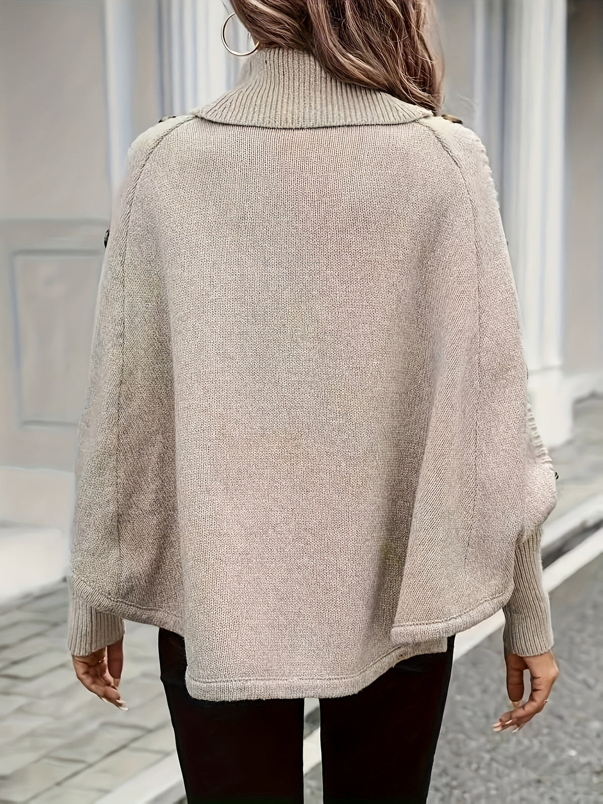 Autumn Winter High Neck Small Tapered Twist Design Lazy Style Outer Sweater Women'S Top Head Scarf Cape Button Shawl - Apricot