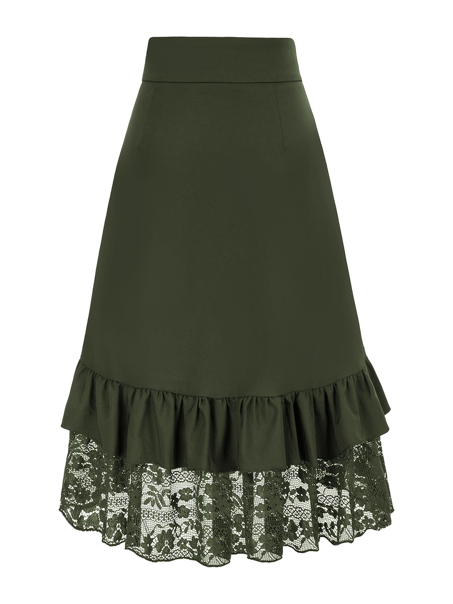 Fashion Gothic Mini Skirt Lace Patchwork Ruffled Solid Color Pirate Skirt - Olive Green