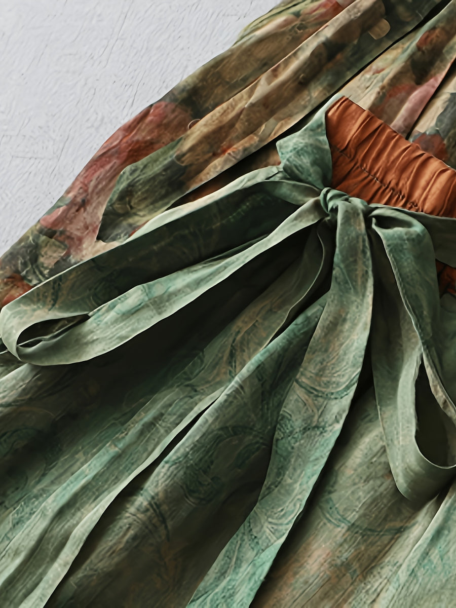 Elegant Print, And Wide-Leg Pants, Women'S New Spring And Summer - Elastic Waist - Tie-Up Nine-Point Culottes - Green