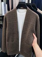 Men'S 1pc V-Neck Knit Cardigan Sweater Jacket Casual Outerwear Pullover - Coffee Color