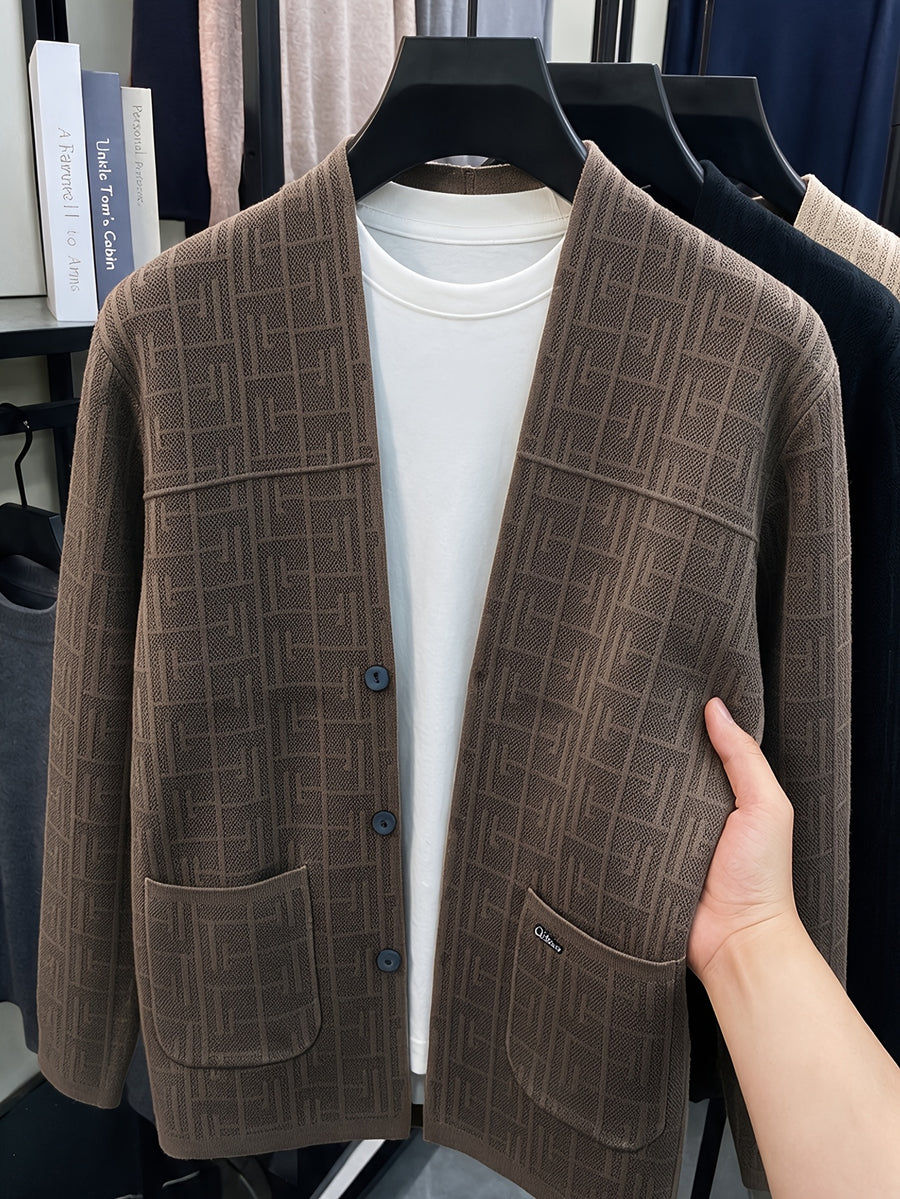 Men'S 1pc V-Neck Knit Cardigan Sweater Jacket Casual Outerwear Pullover - Coffee Color