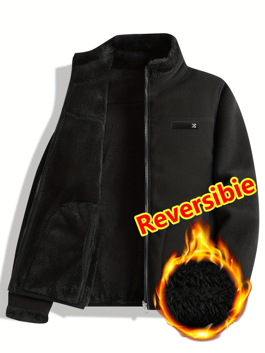 Women's Spring Casual Jacket, Thickened Shaggy Warm Printed Reversible Coral Sweatshirt, Double-Sided Outerwear - Black
