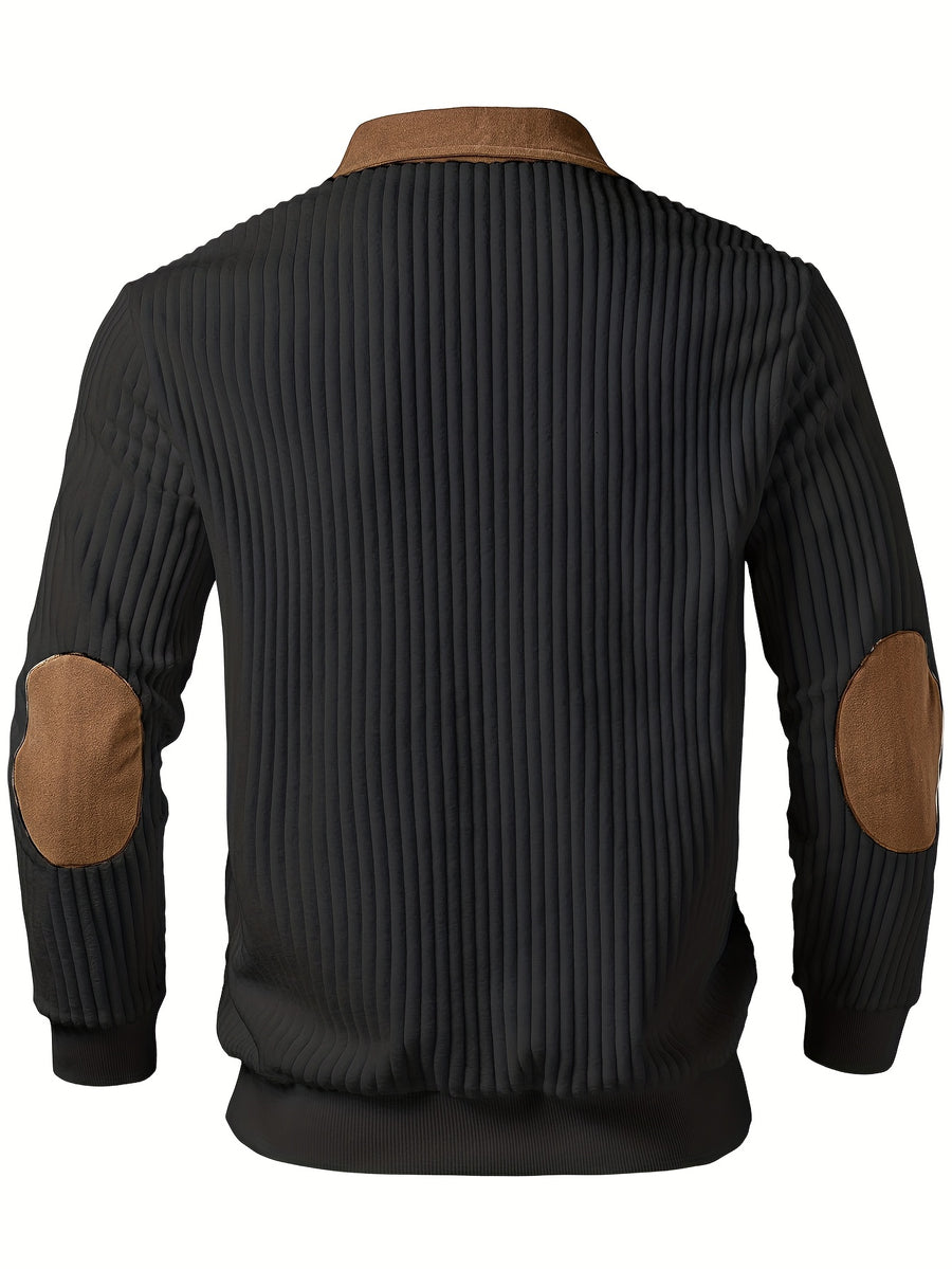 Men's Color-Block Design Casual Stand Collar Pullover - Ribbed Color-Block Patchwork, Thick and Warm Pullover, Stand Collar with Zipper Design, Suitable for Daily Casual Fashion, Simple and Versatile for Outings and Commuting, Long-Sleeve Pullover - Black