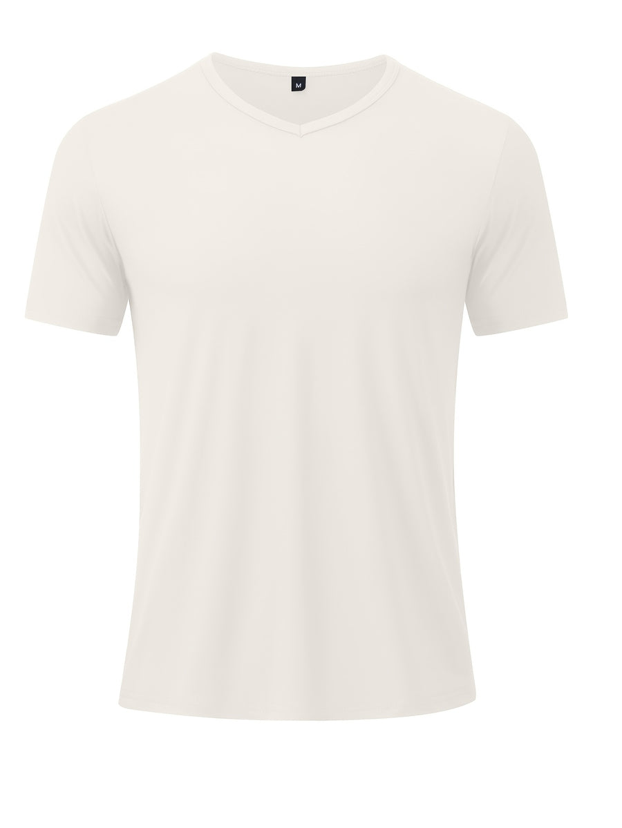 Men's Minimalist Sporty V-Neck Quick-Dry T-Shirt, Lightweight Breathable Moisture-Wicking Polyester Fiber Short-Sleeve Top, Solid Color Slim-Fit Casual Fitness Shirt, Suitable for Fitness, Running, Outdoor, Light Outdoor, and Urban Commuting - Off-white