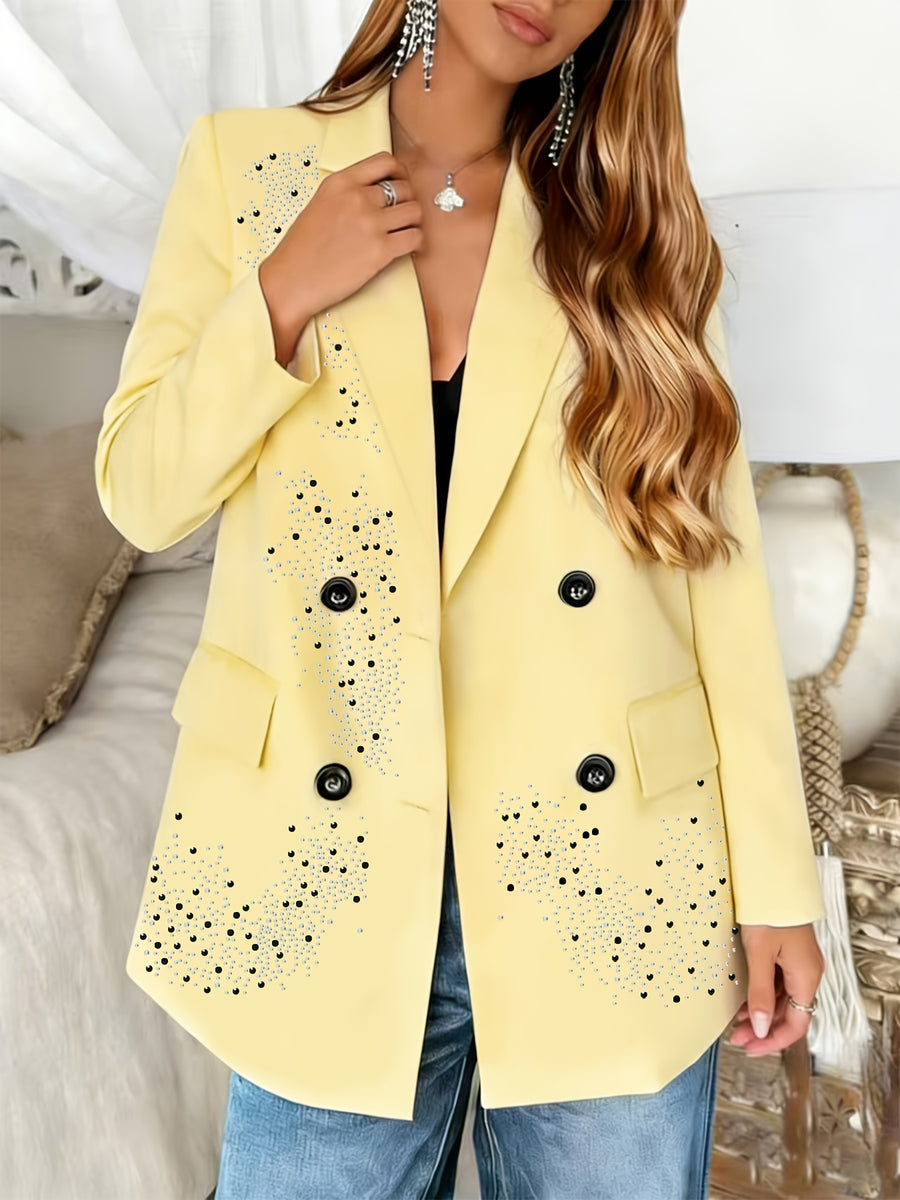 Spring/Autumn Women'S Blazer, Rhinestone Long Sleeve Suit, Double-Breasted Lapel Design, High-Quality Craftsmanship, Machine Washable, Suitable for Dates, Daily Wear, Parties, Fashionable Commuting - 【Light Yellow】