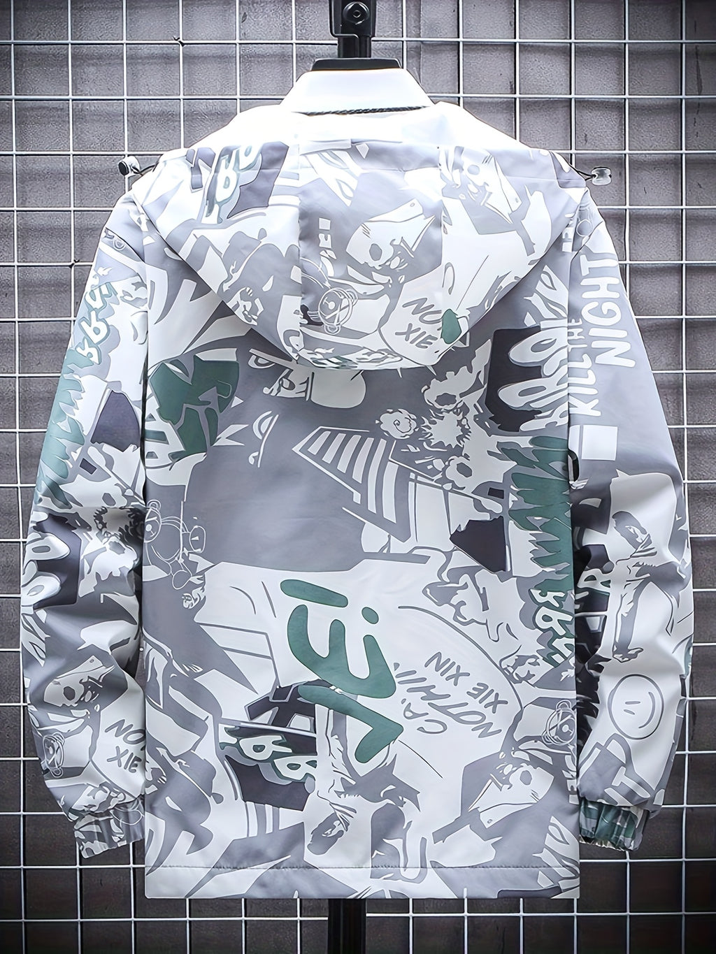 Spring And Autumn Men's Fashion Graffiti Mid Length Windbreaker Popular Hooded And Handsome Men's Jacket Popular Versatile Men's And Women's Same Windbreaker Jacket - Slate Grey