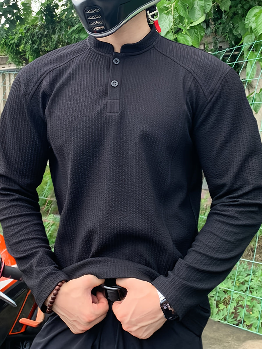 Men'S Casual Sports T-Shirt, Men'S Fashion Trend Splicing Design Stand-Up Collar Long-Sleeved Men'S T-Shirt Men'S Sweatshirt, Loose Fit Textured Fabric, Suitable for Daily Casual Wear - Black
