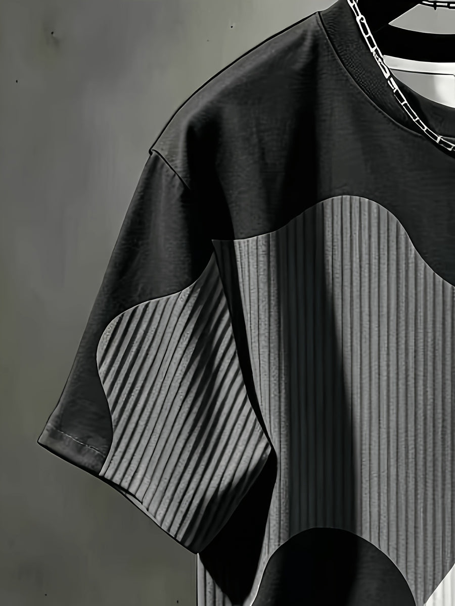 Men'S Casual Round Neck T-Shirt, Geometric Pattern Patchwork Striped Design, Chicago Word Pattern, Drapey Fashion Top, All-Season Wear, Breathable Regular Fit for Casual And Formal Outfits - Round Neck Casual Top, Comfortable Wear - Mixed Color 2