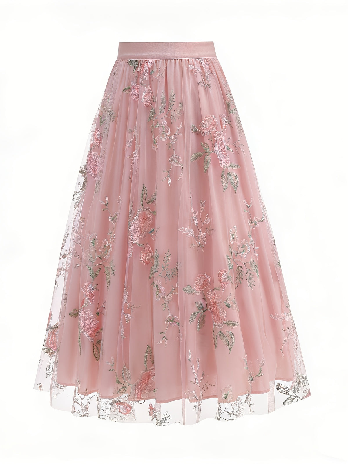 Women'S Elegant Mesh Embroidery Retro Versatile Party Midi Skirt - Pink