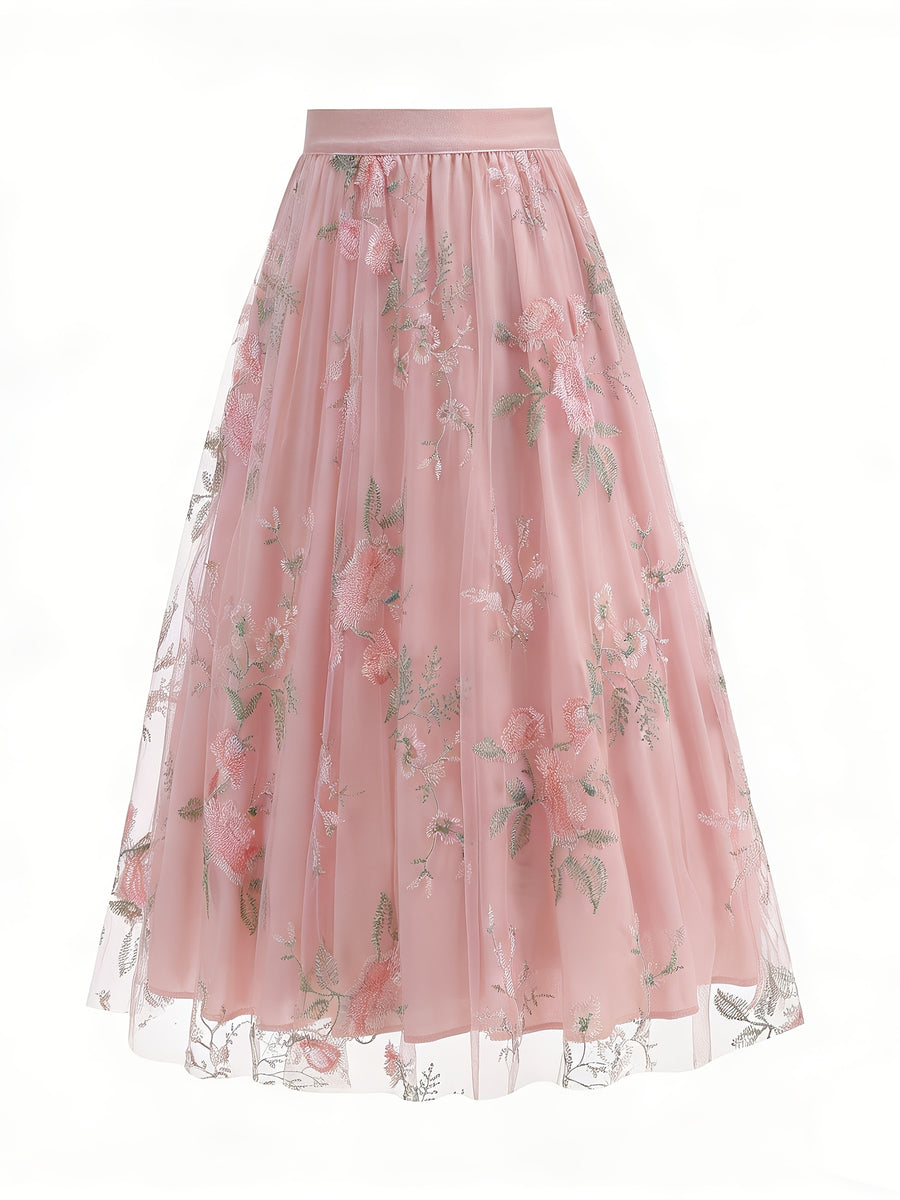 Women'S Elegant Mesh Embroidery Retro Versatile Party Midi Skirt - Pink