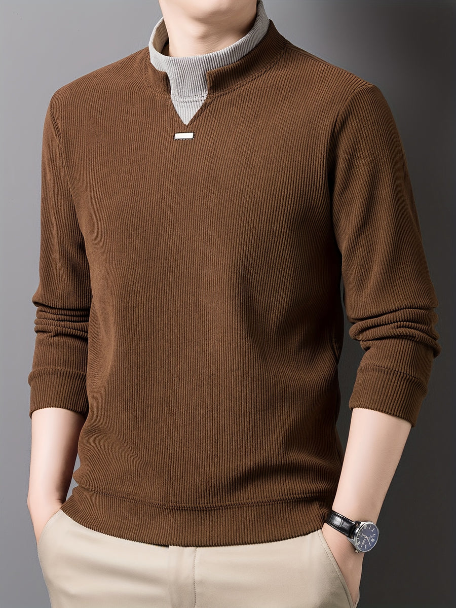 New High-Neck Men's Base Layer Shirt, Fashionable Trendy Casual -Lined Warm Sweater, Stylish Skin-Friendly Men's Autumn-Winter Knit Top F2136 - Coffee Color