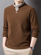 New High-Neck Men's Base Layer Shirt, Fashionable Trendy Casual -Lined Warm Sweater, Stylish Skin-Friendly Men's Autumn-Winter Knit Top F2136 - Coffee Color
